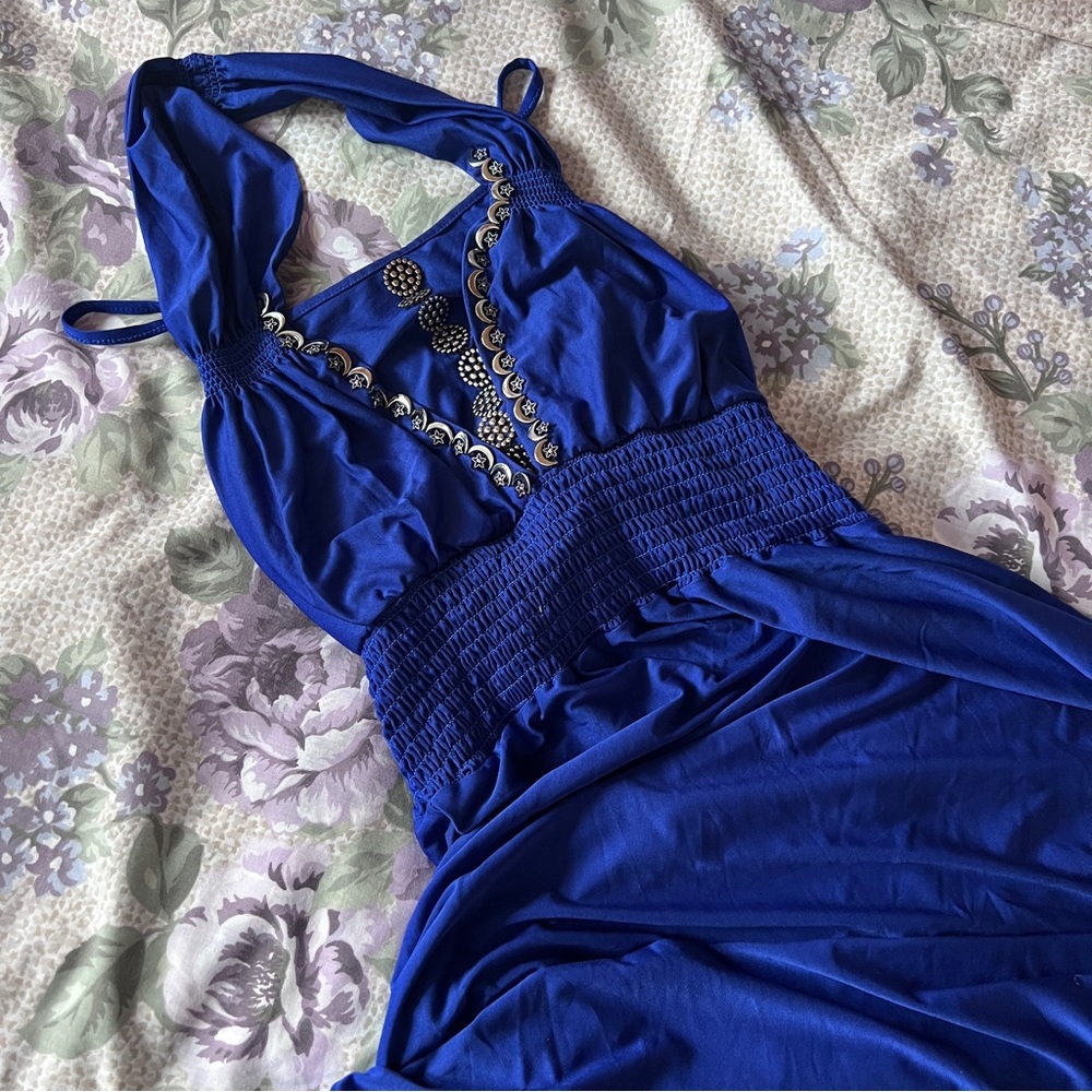 Romantic Cobalt Blue Moon And Stars Long Halter Maxi Dress